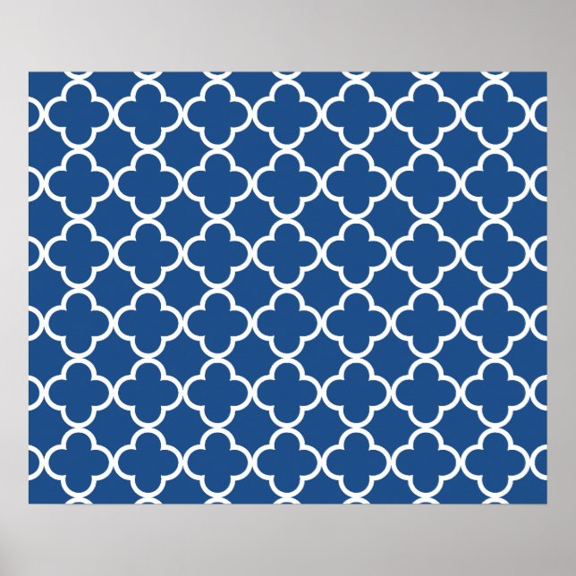 Póster Padrão Clássico de Quatrefoil Branco e Azul (Frente)