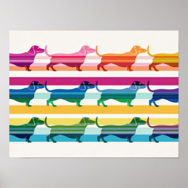 Poster Padrão Colorido de Dachshund Listras Retrô (Frente)
