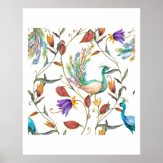 Poster Padrão com pavão e flores l (Frente)