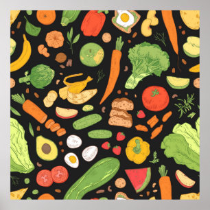 Poster Padrão contínuo com comida dietética, mantimentos 