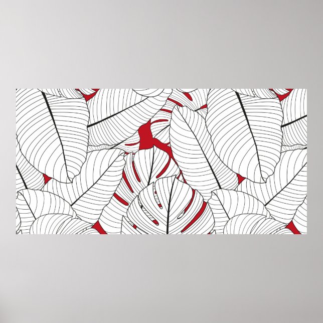 Poster Padrão contínuo com folhas tropicais em vermelho e (Frente)