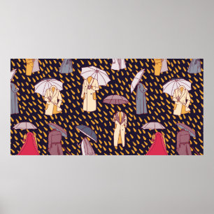 Poster Padrão contínuo com tempo chuvoso. Pessoas invisív