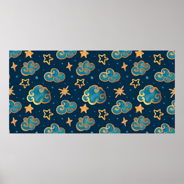 Poster Padrão contínuo de aquarela com a lua, estrelas,  (Frente)