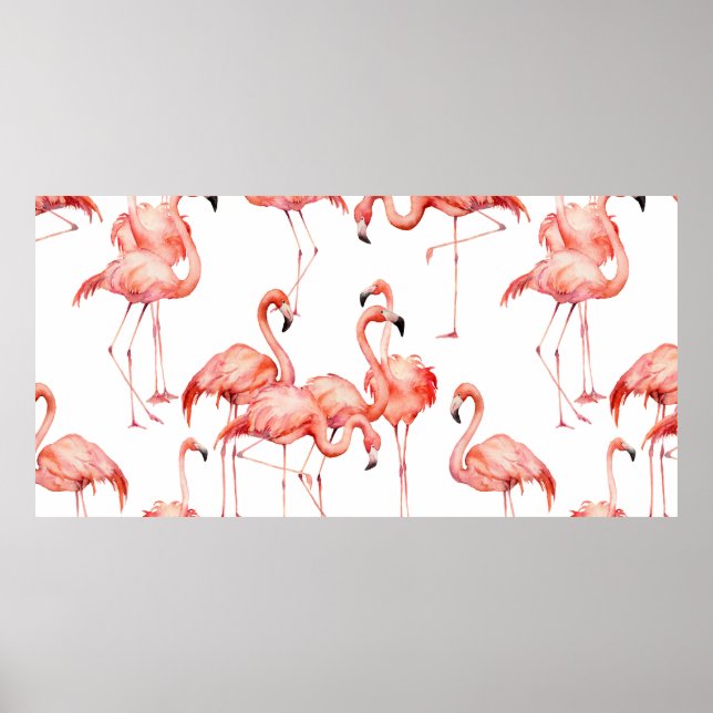Poster Padrão contínuo de flamingo em aquarela. Pintado à (Frente)
