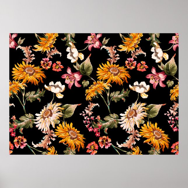 Poster Padrão contínuo de flores bonitas. Textura de teci (Frente)