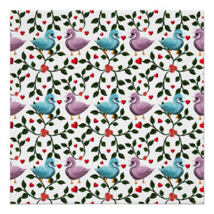 Póster Padrão contínuo de passarinhos de amor fofos Român