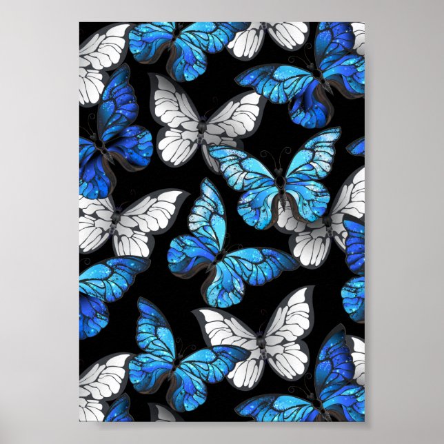 Poster Padrão contínuo escuro com borboletas azuis Morpho (Frente)