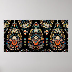 Poster Padrão contínuo floral Paisley. Fundo escuro com
