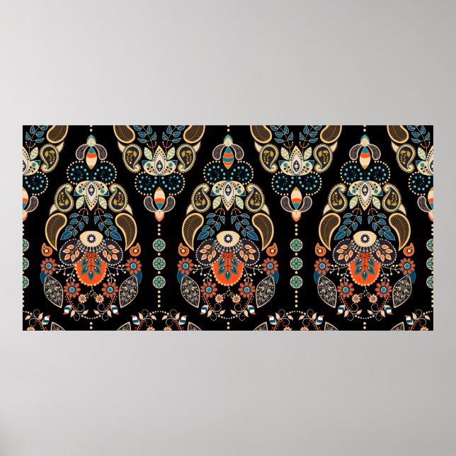 Poster Padrão contínuo floral Paisley. Fundo escuro com (Frente)
