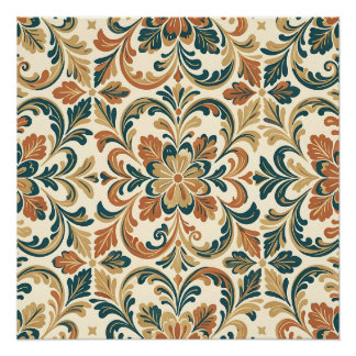 Póster Padrão Damásco Floral Folk Laranja Turquesa