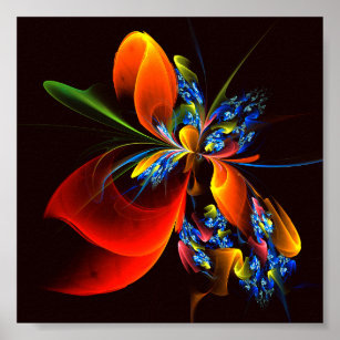 Poster Padrão de Abstrato de Arte Floral Azul Laranja Mod