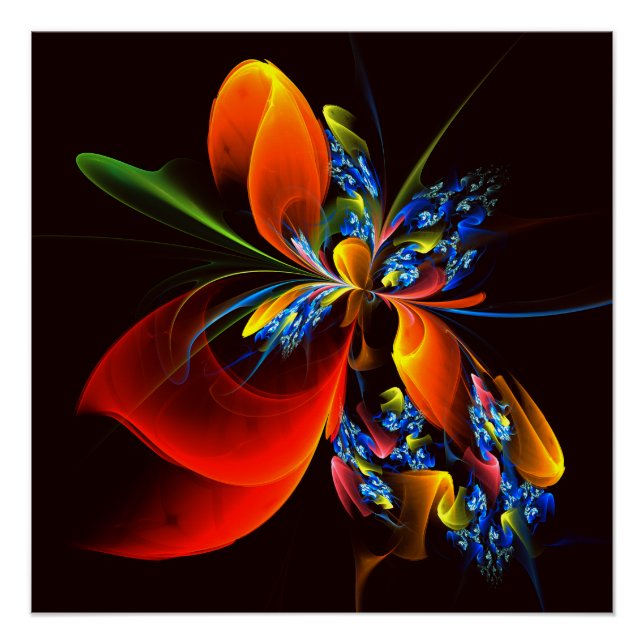 Póster Padrão de Abstrato de Arte Floral Azul Laranja Mod (Frente)