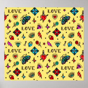 Poster Padrão de Amor da Tatuagem na Escola Antiga