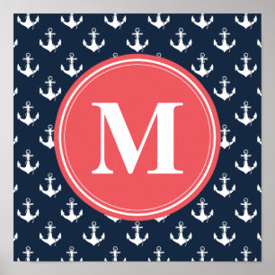 Póster Padrão de âncora azul Marinho monograma