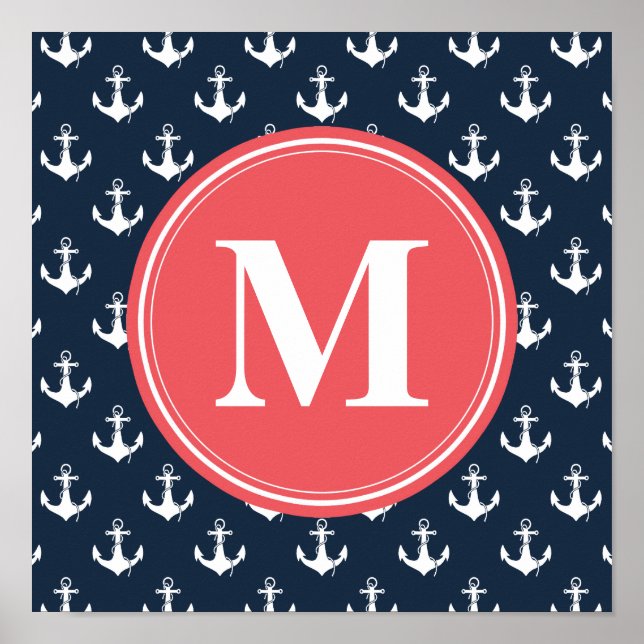 Póster Padrão de âncora azul Marinho monograma (Frente)