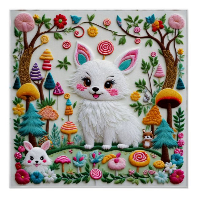Póster Padrão de Animais de Embroiderme Kawaii altamente  (Frente)