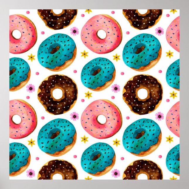 Poster Padrão de aquarela com cor rosa, azul e chocolate  (Frente)