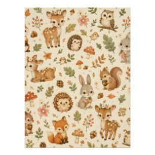 Póster Padrão de aquarela de animais da floresta de madei