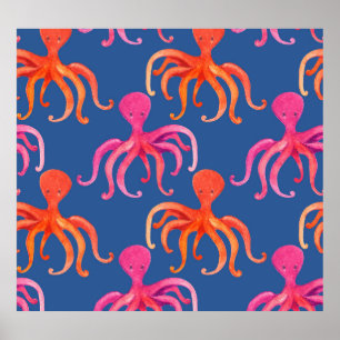 Poster Padrão de Aquarela de Octopus de Cartoon Colorida