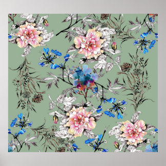 Poster Padrão de Aquarela Floral de Fundo Verde.