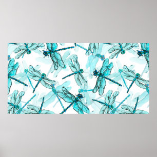 Poster Padrão de aquarela sem costura com libélula eleg