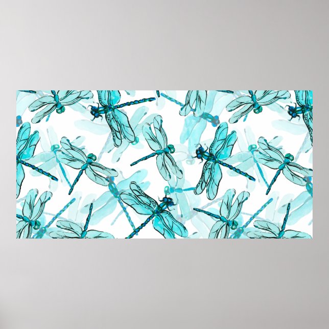 Poster Padrão de aquarela sem costura com libélula elegan (Frente)