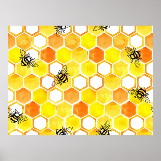 Poster Padrão de aquarelas sem costura com favos de mel e (Frente)