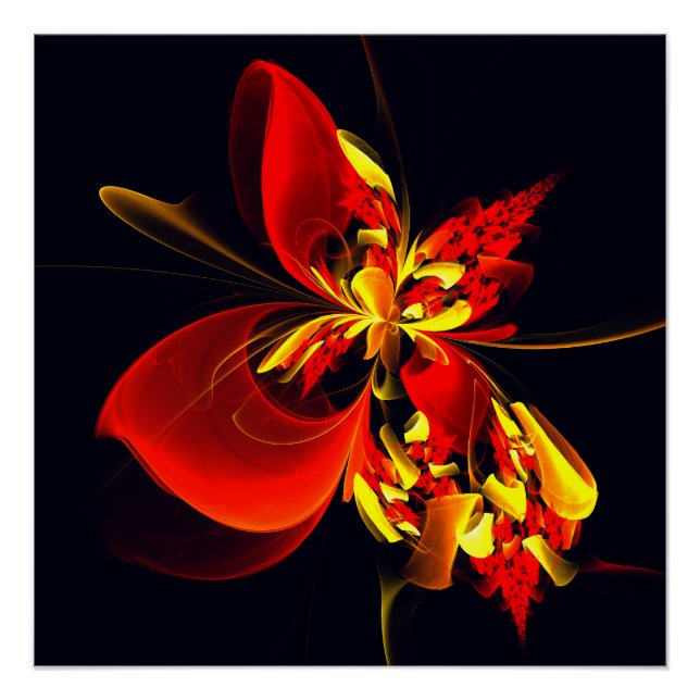 Póster Padrão de Arte Abstrata Floral Amarelo Vermelho Mo (Frente)