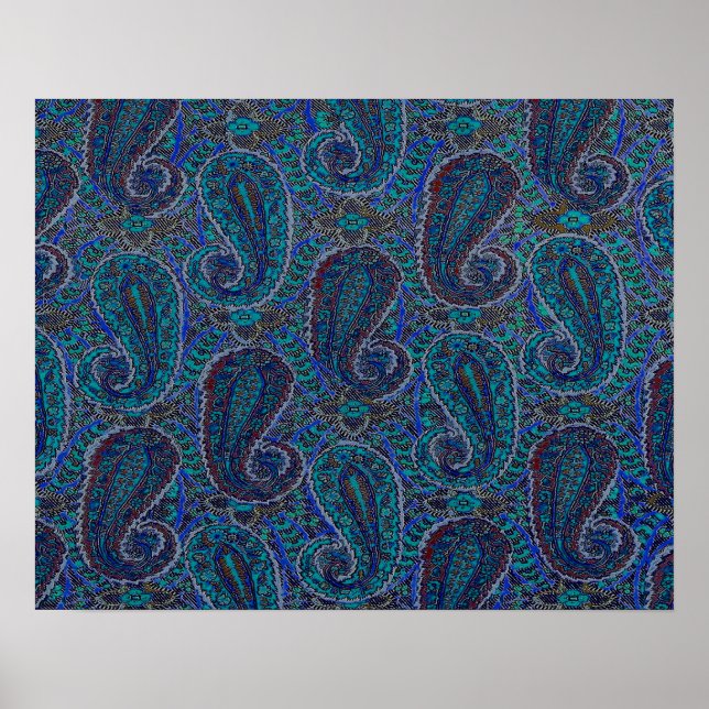 Póster Padrão de Arte Boho Índio Azul Paisley (Frente)