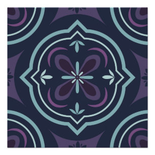 Póster padrão de azulejos florais azulados