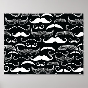 Póster Padrão de Bigode Preto e Branco Hipster da Moda