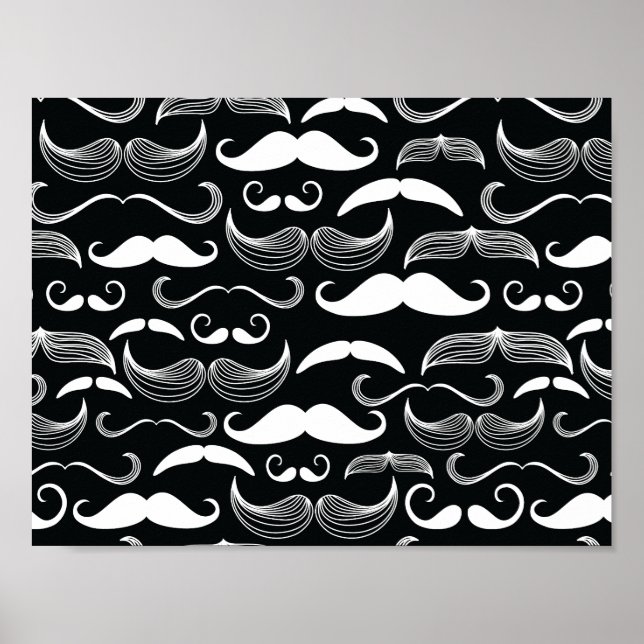 Póster Padrão de Bigode Preto e Branco Hipster da Moda (Frente)