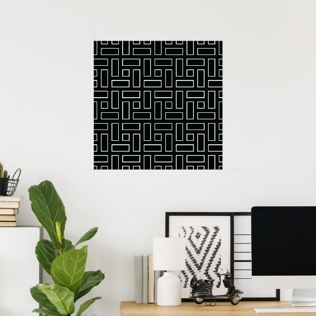 Poster Padrão de Bloco Linear Preto e Branco - Preto (Escritório em casa)