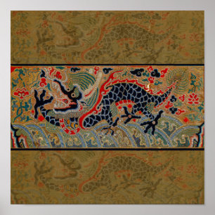 Poster Padrão de bordado em seda de dragão chinês antigo
