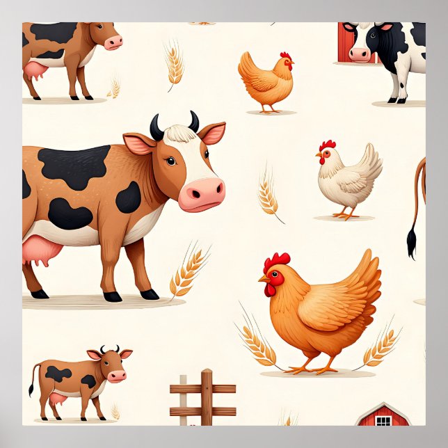 Poster Padrão de celeiro de animais de fazenda fofos (Frente)