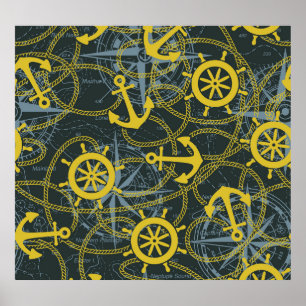 Poster Padrão de colheita náutica, âncora e mapa.