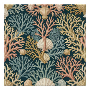 Póster Padrão de Concha de Recife de Coral Elegante Azul