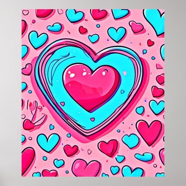 Poster Padrão de Coração Azul Rosa (Frente)