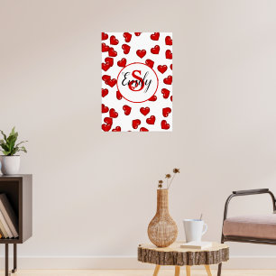 Poster padrão de corações vermelhos com monograma amor