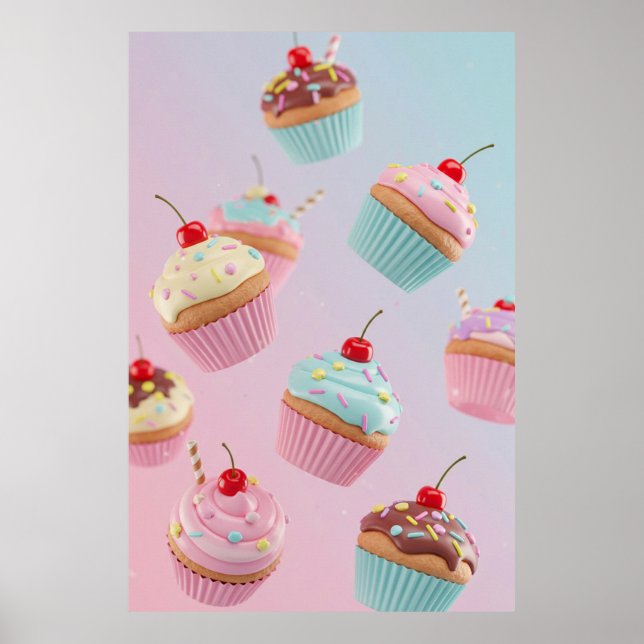 Poster Padrão de Cupcake Pastel em Rosa (Frente)