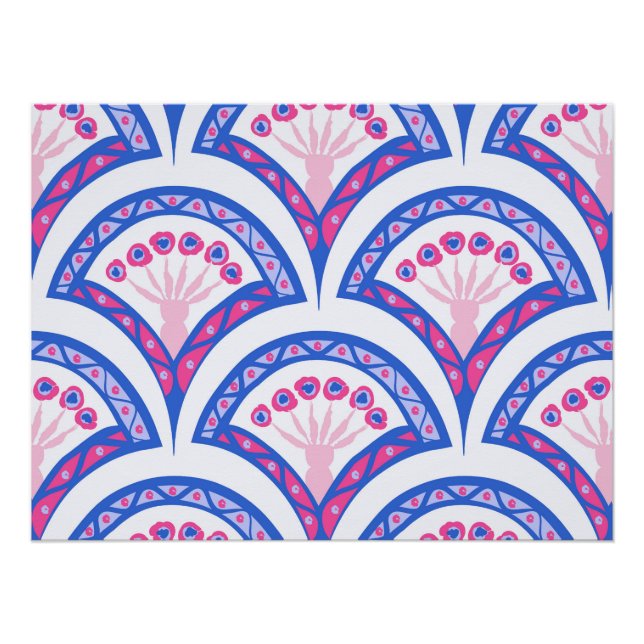 Póster padrão de damasco floral azul (Frente)