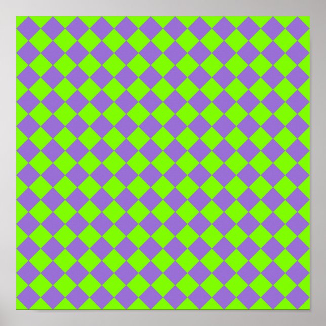 Poster Padrão de Diamante Xadrez Verde Roxo (Frente)