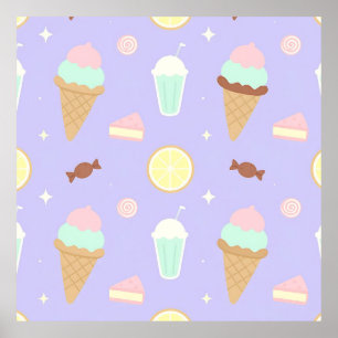 Poster Padrão de Doces Sorvete Kawaii