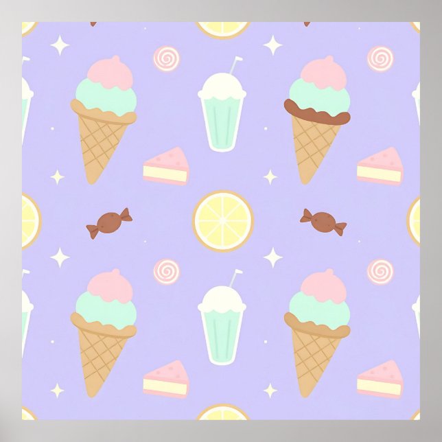 Poster Padrão de Doces Sorvete Kawaii (Frente)