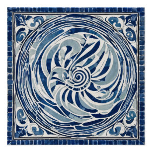 Póster Padrão de espiral branco azul 02