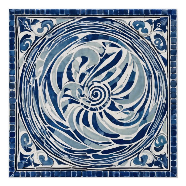 Póster Padrão de espiral branco azul 02 (Frente)