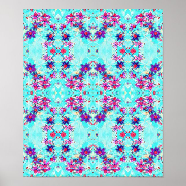 Poster Padrão de Flor Roxo Bonito na Aqua Azul (Frente)