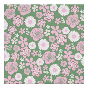 Póster Padrão de Flor Y2K 70s - Cor-de-rosa Verde