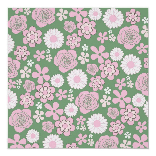 Póster Padrão de Flor Y2K 70s - Cor-de-rosa Verde (Frente)