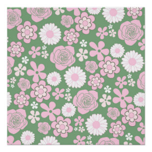Póster Padrão de Flor Y2K 70s - Cor-de-rosa Verde